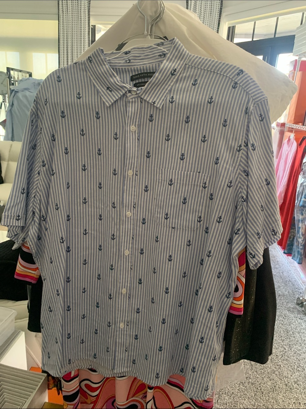 Saks Fifth Avenue Blue & White Striped Anchor Short-Sleeve Button-Down Shirt XXL
